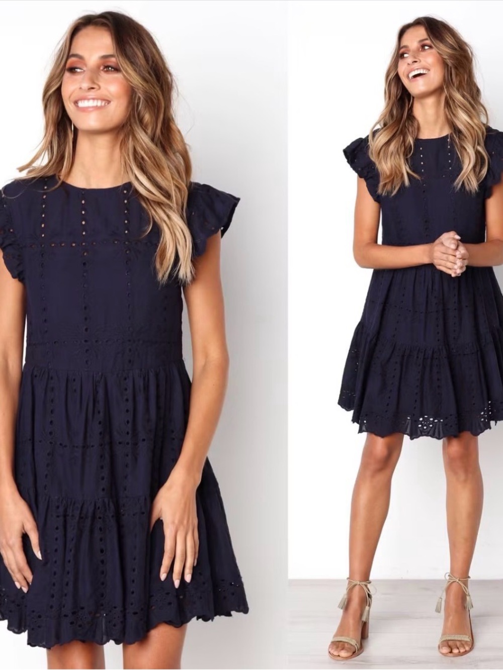 Women's Navy Eyelet Tiered Mini Dress